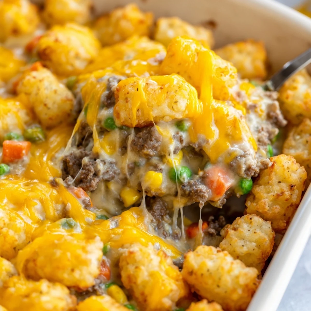 Family-friendly cheesy ground beef tater tot casserole served piping hot with a side of green salad