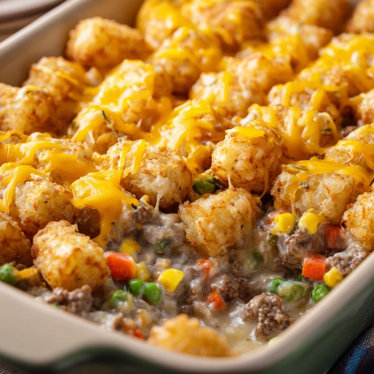 Crispy tater tots crown this savory ground beef casserole with layers of melted cheese topping