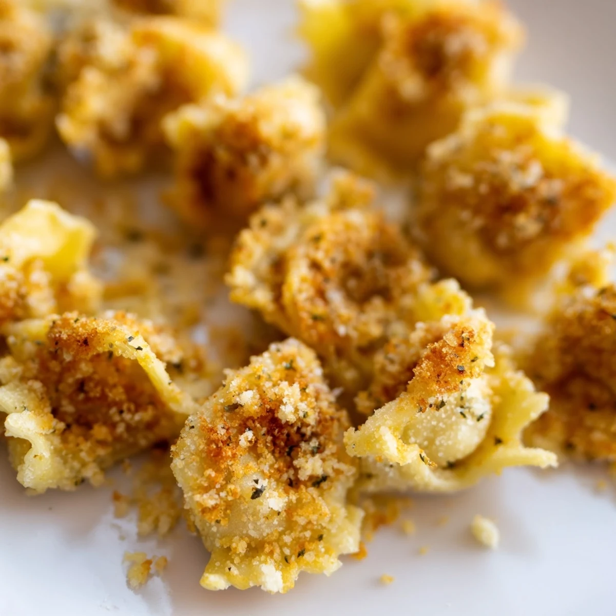 Golden brown air fryer tortellini arranged on a white platter with small cup of marinara