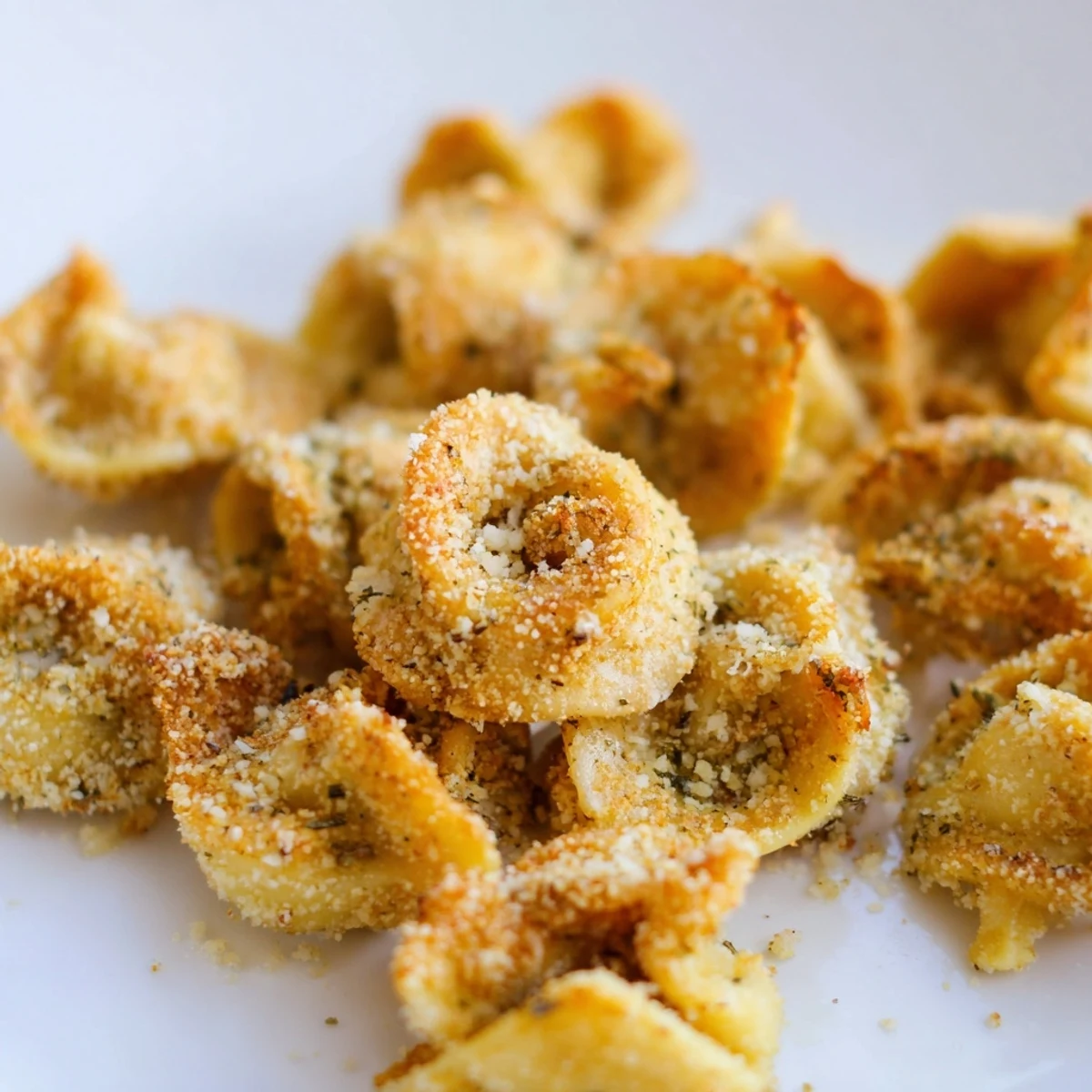 Crispy breaded tortellini fresh from air fryer basket garnished with fresh basil leaves