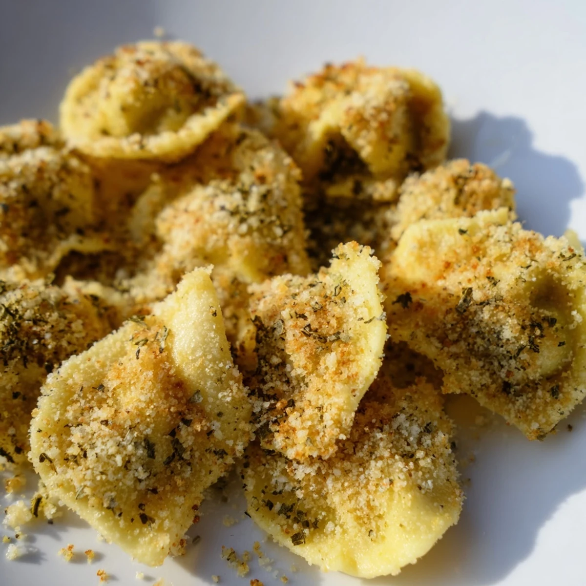 Bite-sized fried tortellini piled high with red dipping sauce and sprinkled parmesan cheese