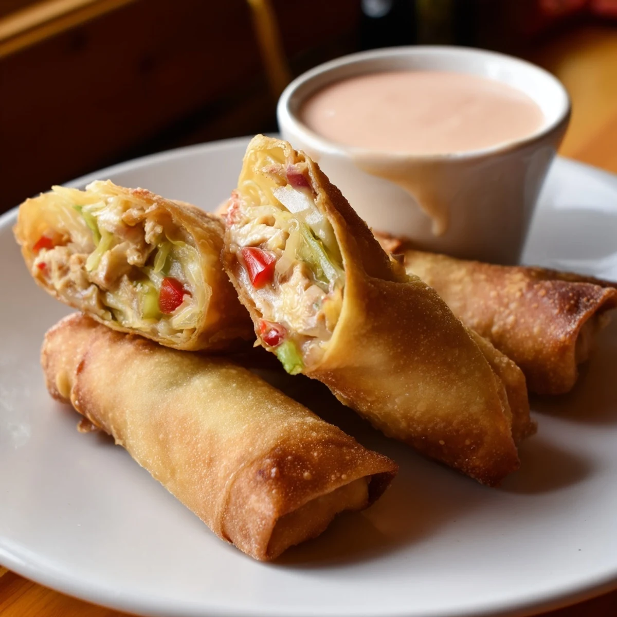 Golden brown Voodoo Egg rolls filled with seasoned chicken and colorful vegetables ready for dipping