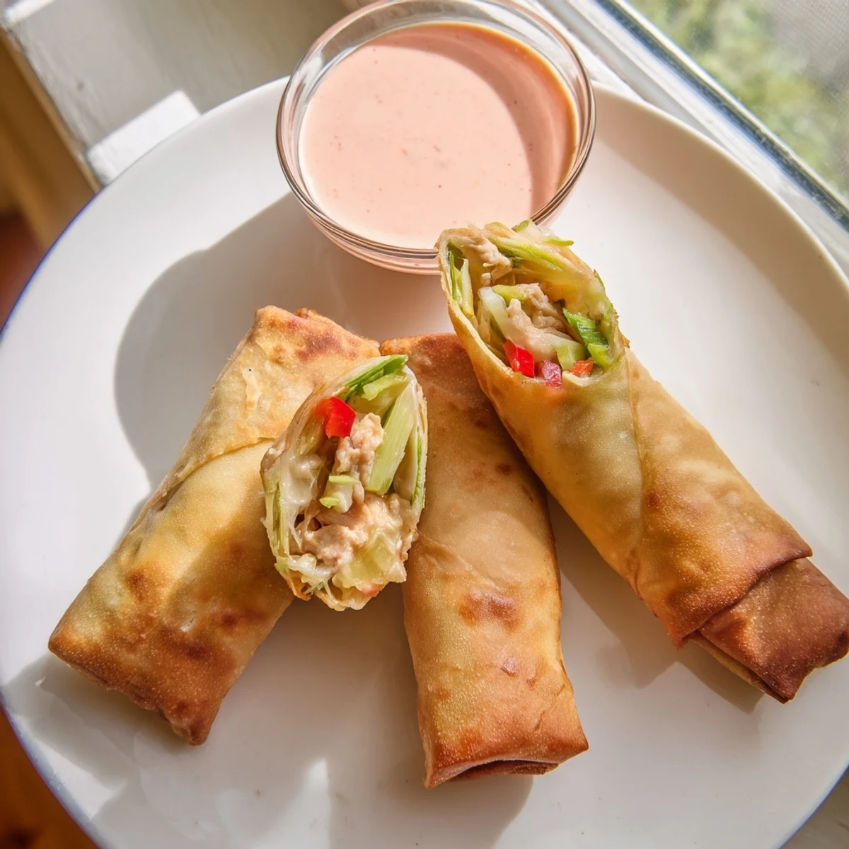 Homemade Voodoo Egg rolls showcasing Cajun spiced chicken filling wrapped in crunchy golden wrappers