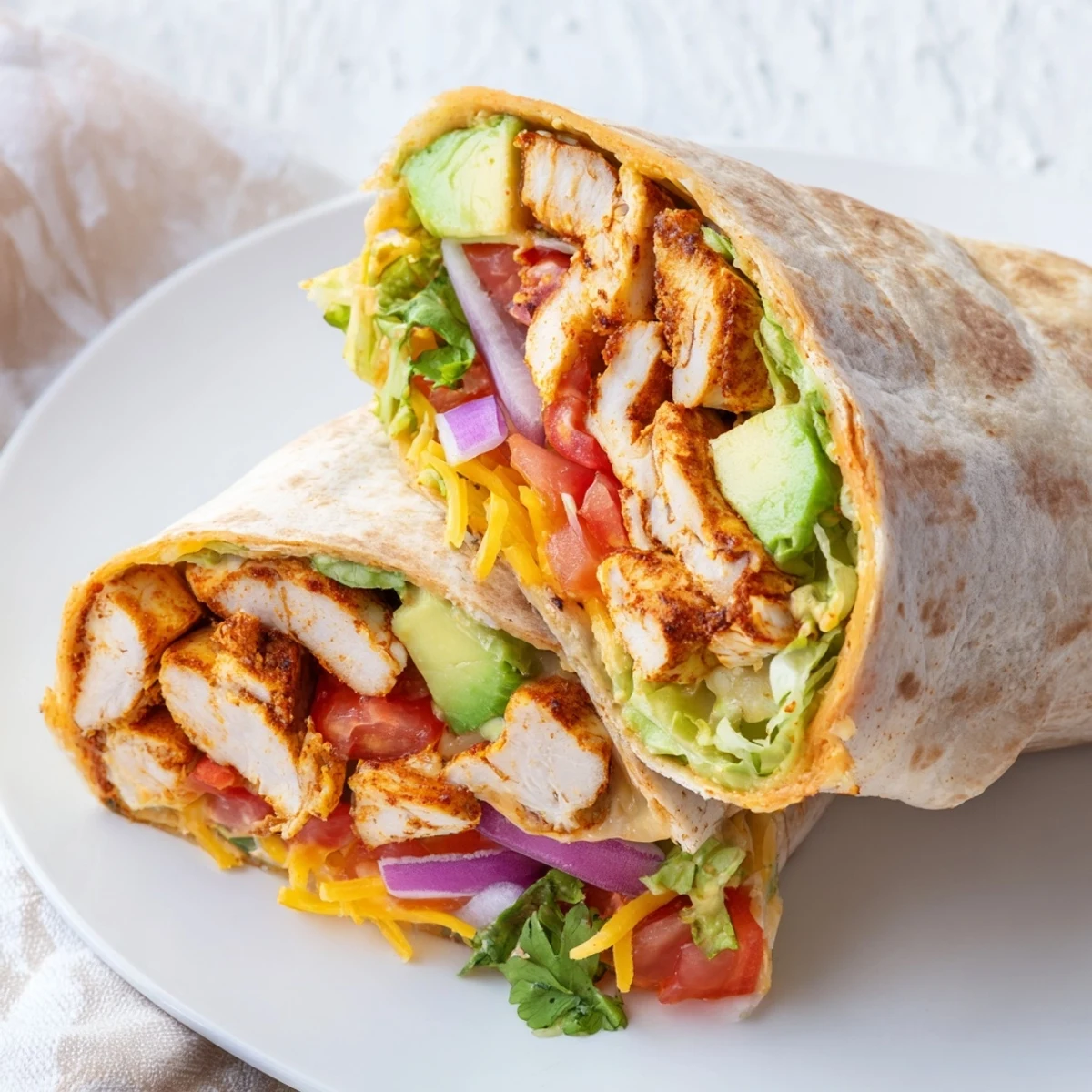 Golden spiced chicken slices layered with fresh avocado and crisp vegetables in a soft flour tortilla wrap