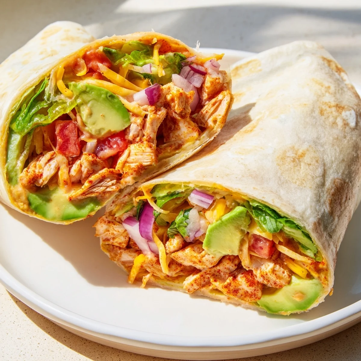 Cross section of Spicy Chicken Avocado Wrap showing tender spiced chicken with ripe avocado and melted cheese