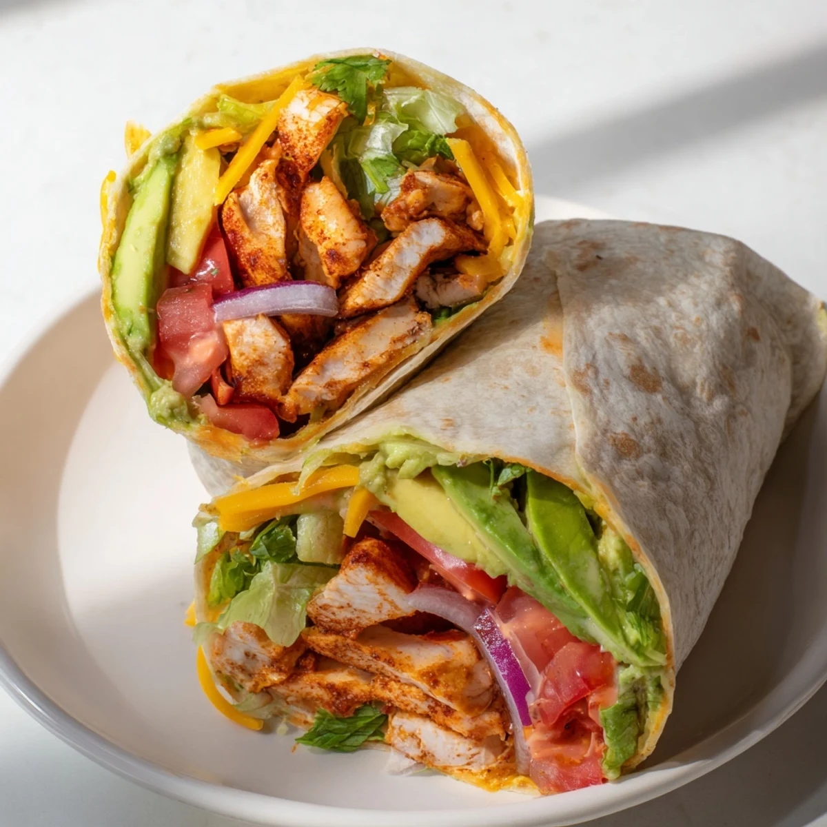 Delicious spicy chicken avocado wraps filled with juicy seasoned meat, creamy avocado, and zesty sauce