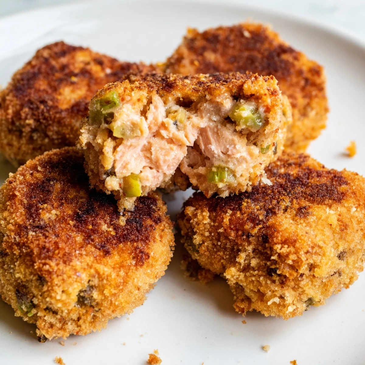 Golden brown Southern salmon croquettes frying in a skillet with crispy exteriors