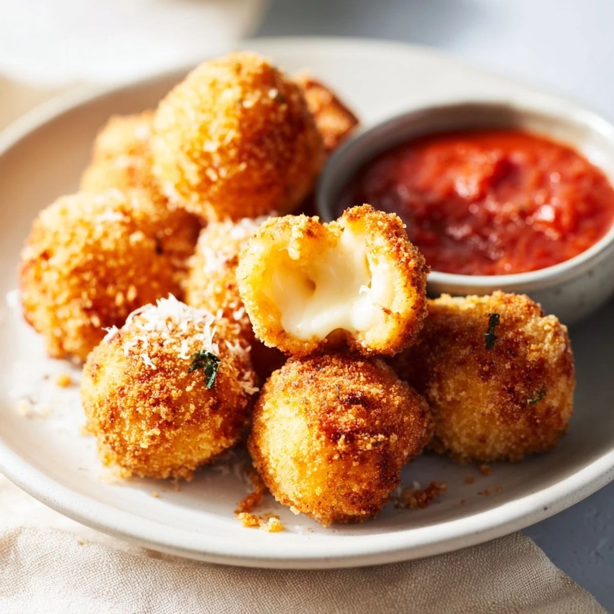 Golden fried mozzarella cheese balls with crispy panko coating and melted cheese center served on white plate