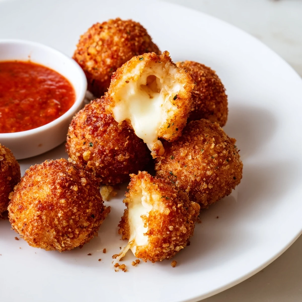 Crispy mozzarella cheese balls arranged on platter with marinara sauce dip for party appetizer spread