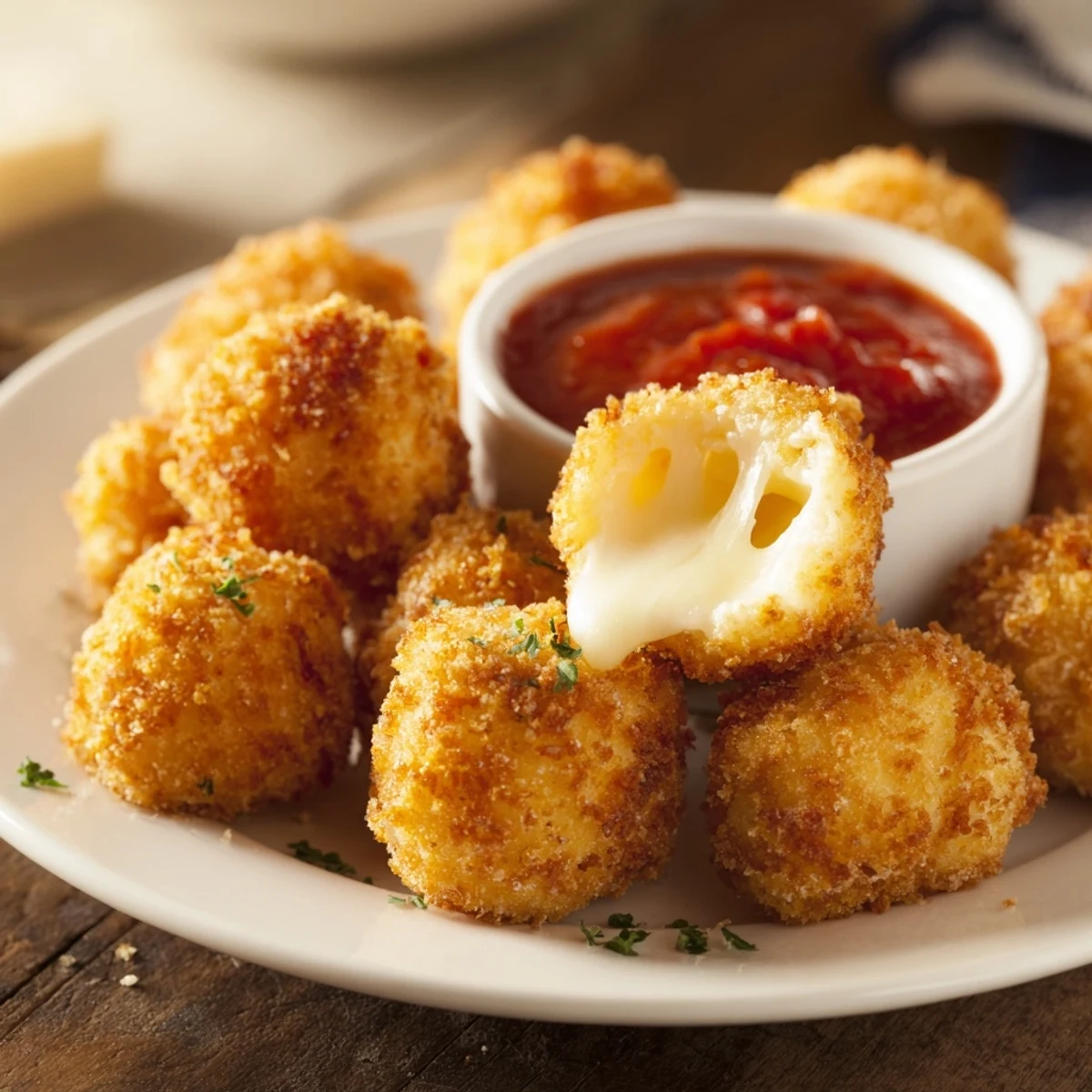 Close-up of golden brown mozzarella cheese balls showcasing crunchy breadcrumb texture and gooey interior cheese pull