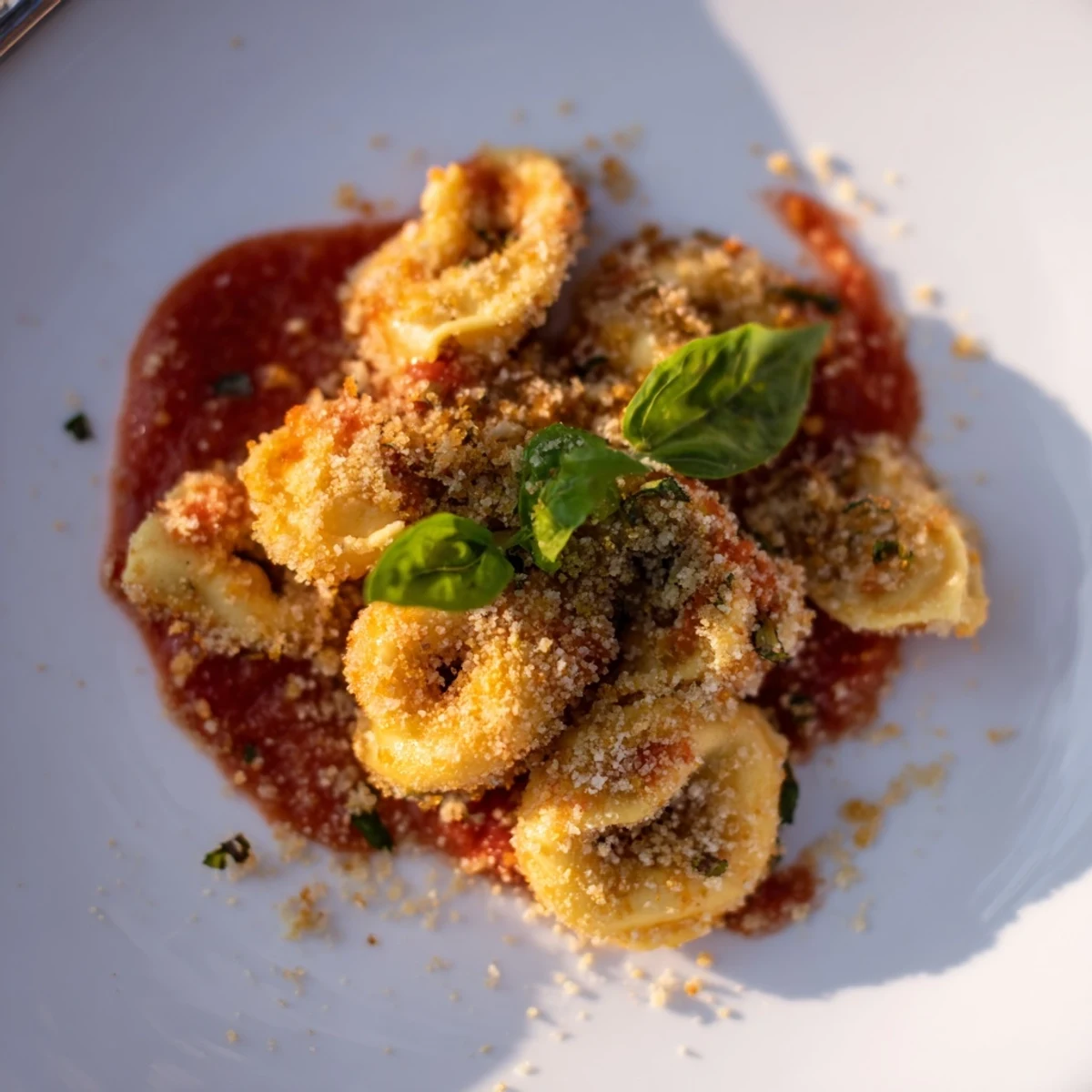 Golden air fryer tortellini arranged on a white plate with a side of warm red marinara sauce for dipping.