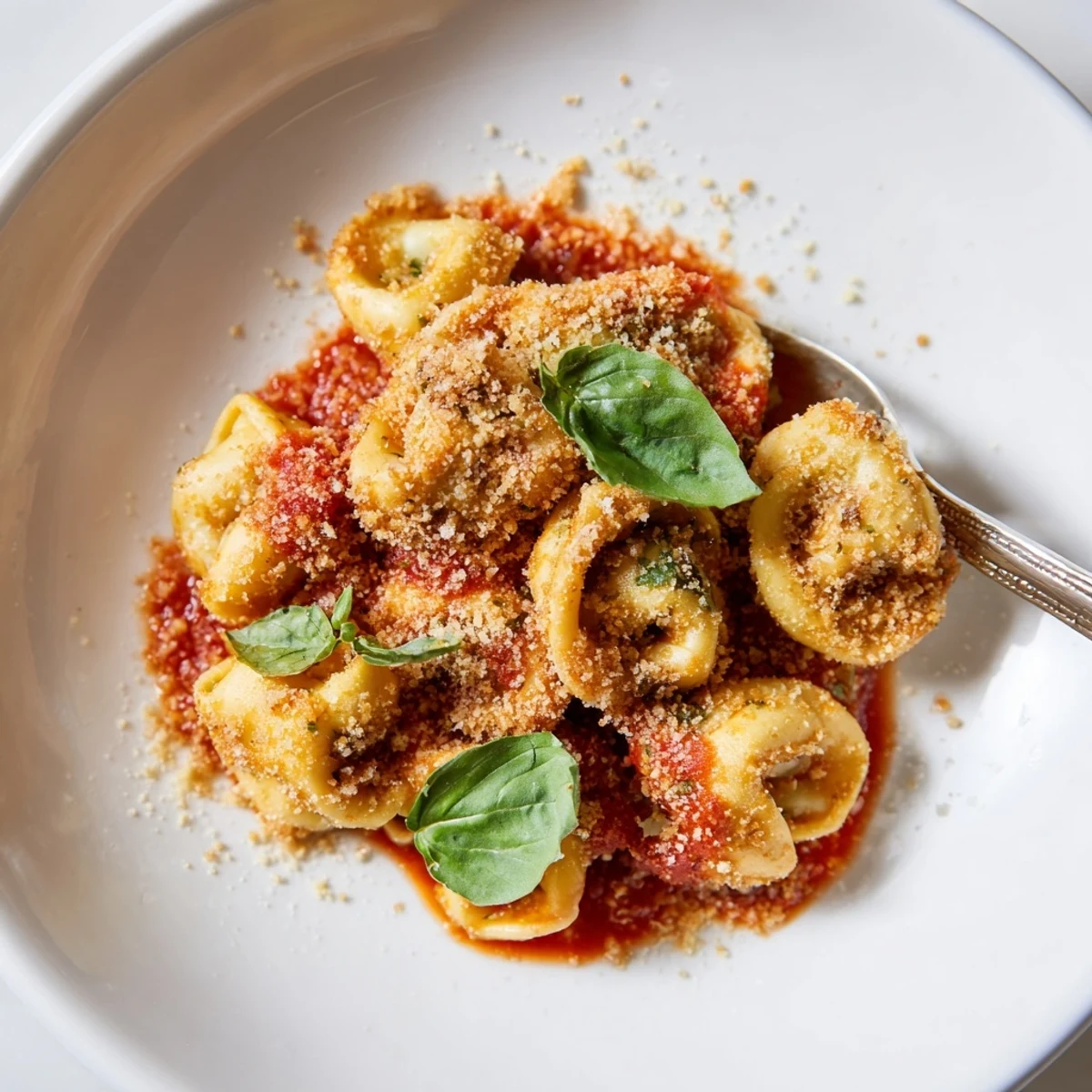 Crispy breaded tortellini freshly cooked in an air fryer basket, sprinkled with Parmesan and fresh basil leaves.
