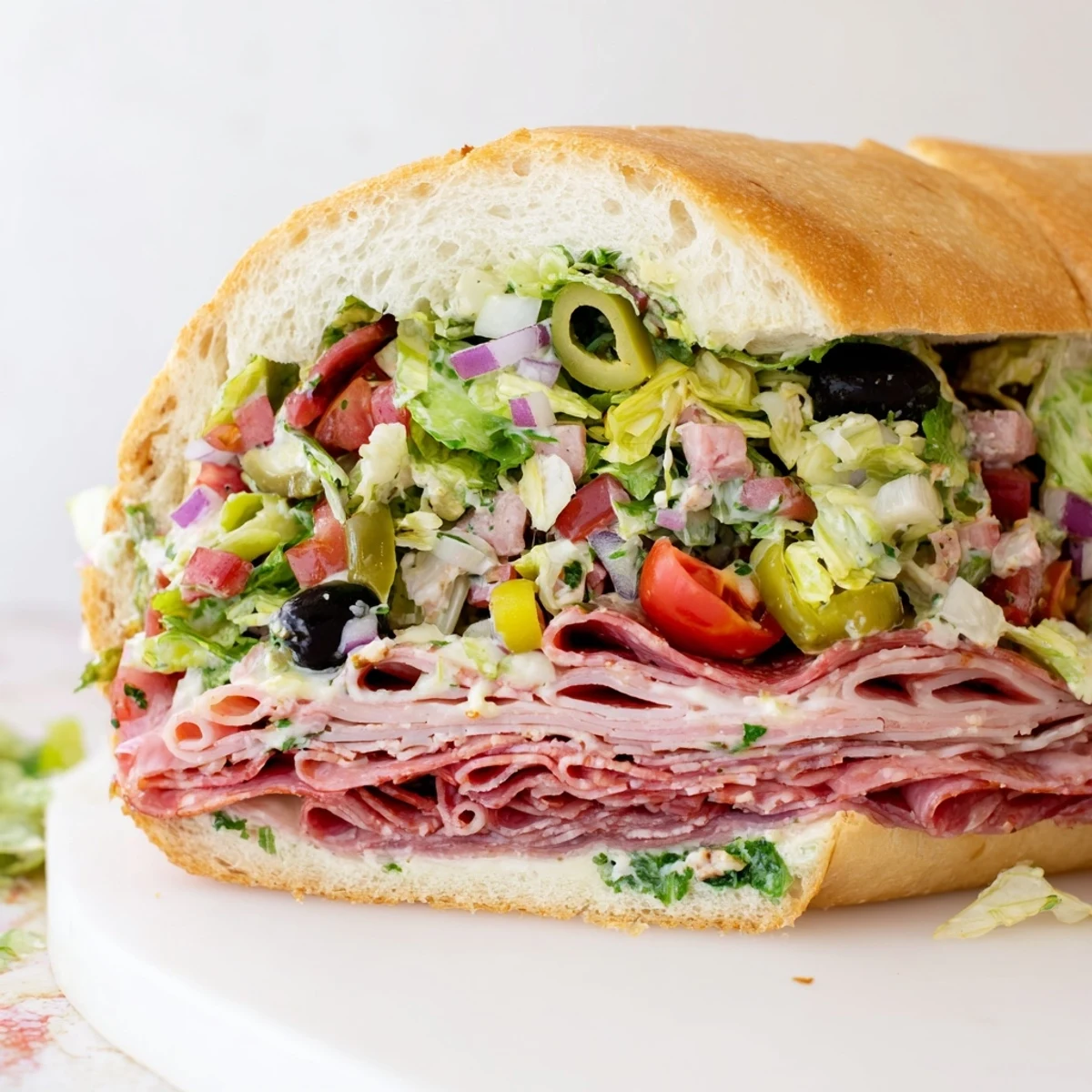 Golden Italian grinder salad sandwich stacked with deli meats and tangy dressed lettuce