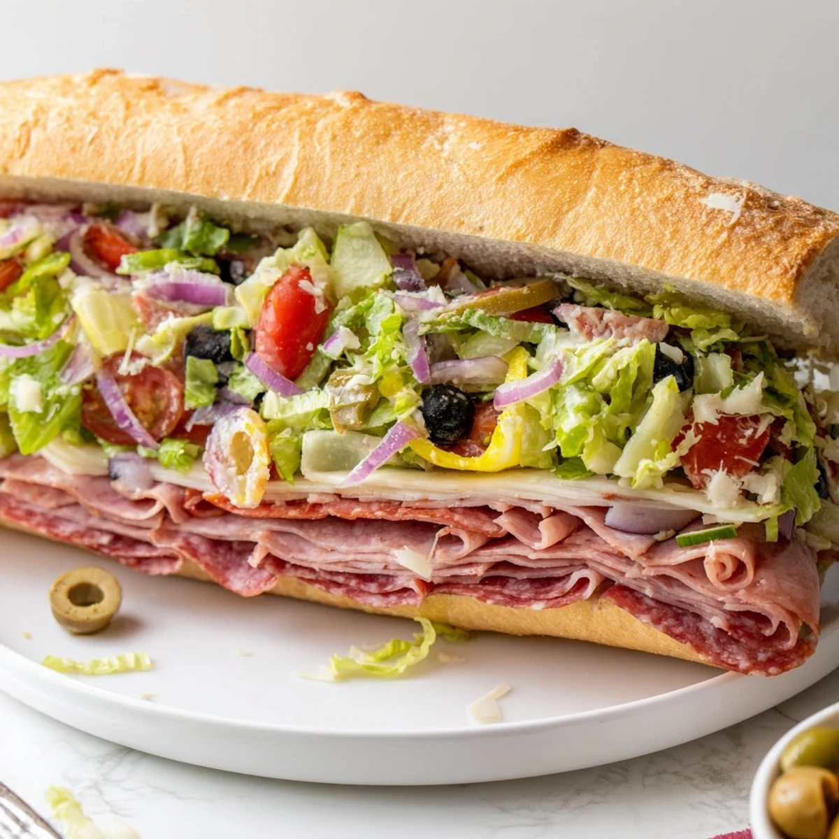 Cross-section of Italian grinder sandwich revealing layers of salami, ham, and crisp vegetable salad