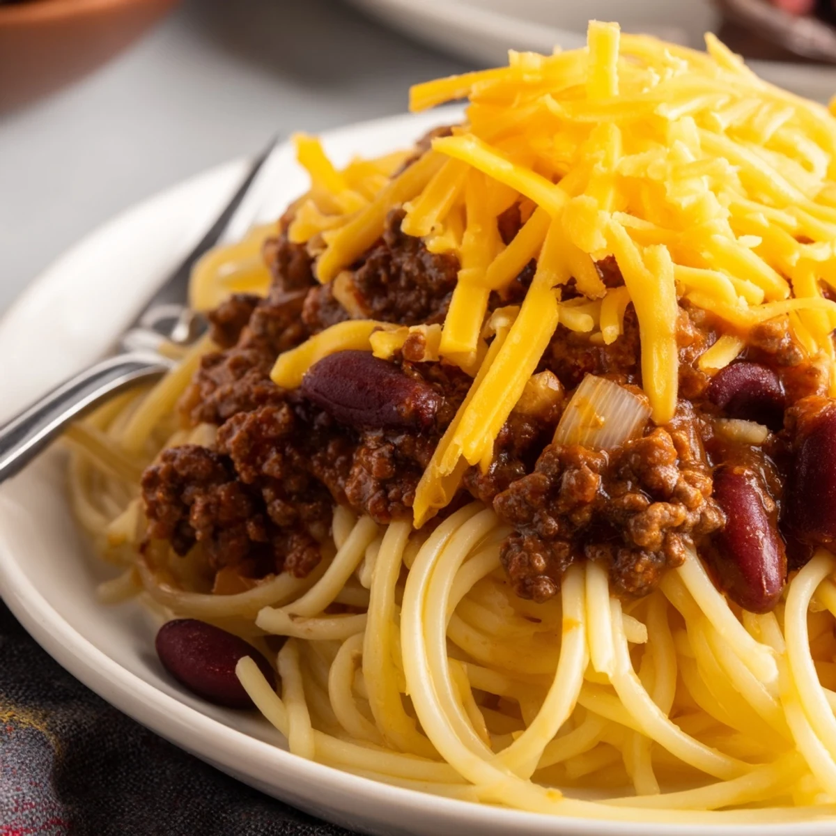 Rich Cincinnati chili meat sauce layered over pasta topped with shredded cheese and beans