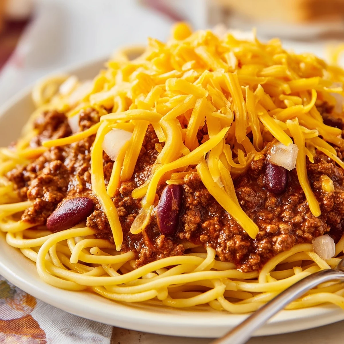 Hearty Cincinnati Chili served over spaghetti with melted cheddar cheese and diced onions