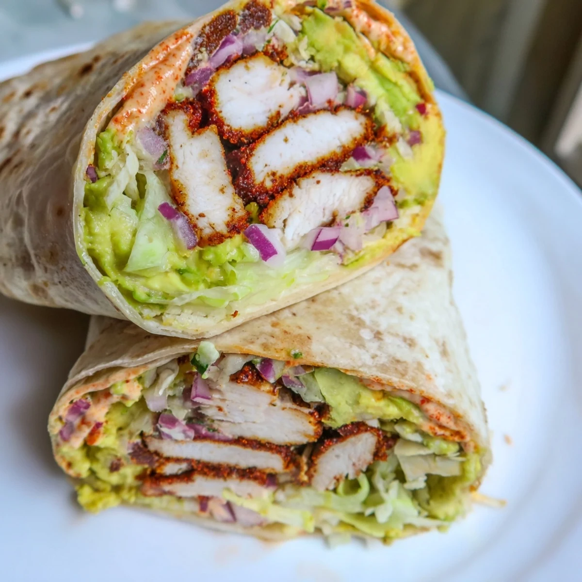 Spicy chicken avocado wraps featuring sliced spiced chicken, creamy avocado, and crisp vegetables in warm flour tortillas