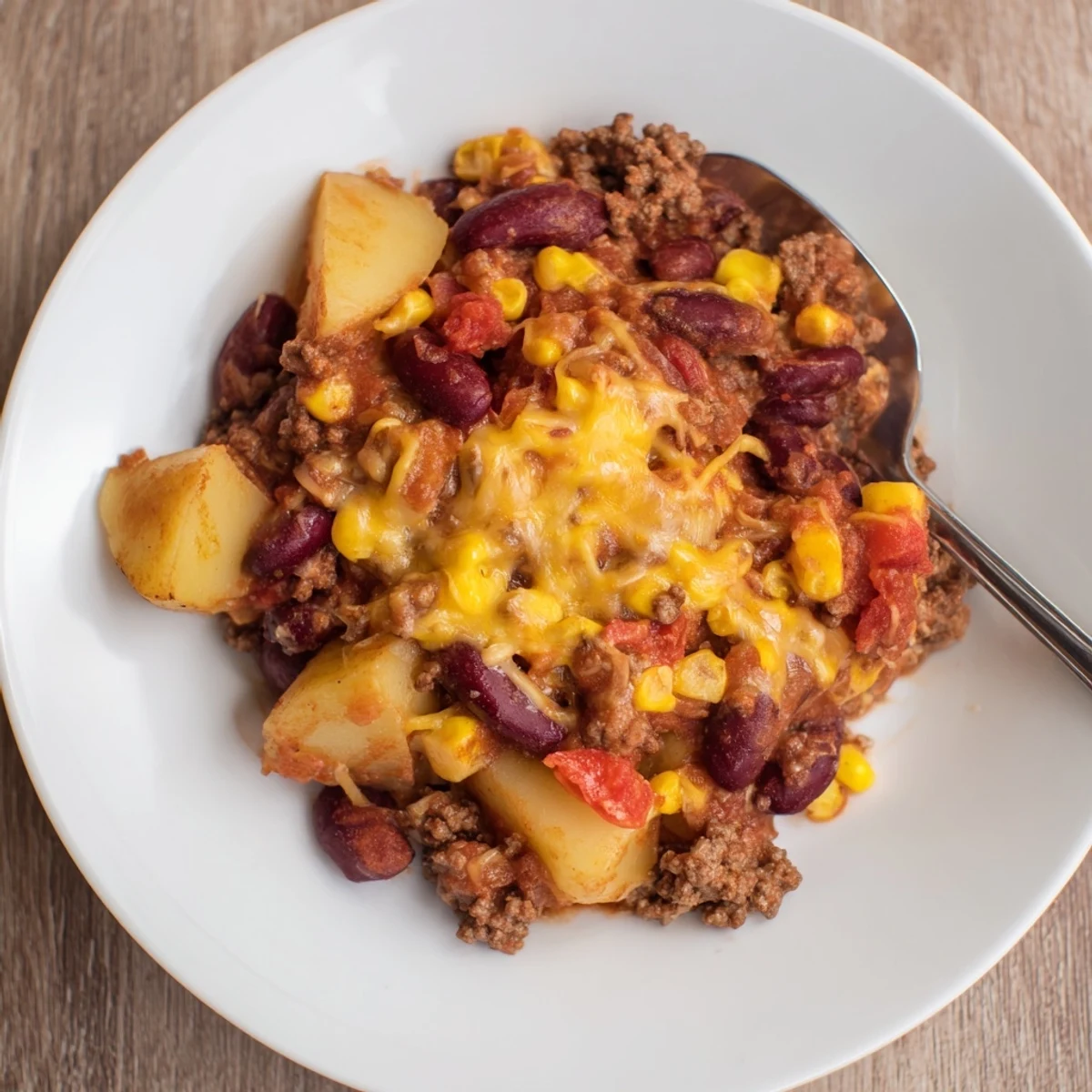 Slow cooker cowboy casserole with melted cheddar atop seasoned ground beef potatoes and vegetables