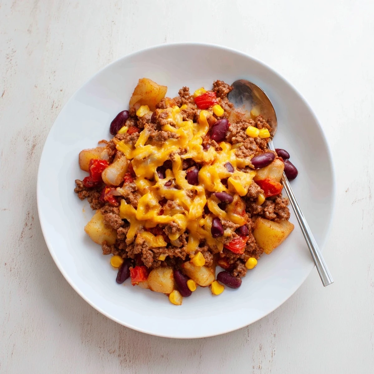 Hearty cowboy casserole bubbling in a slow cooker with tender potatoes beans and corn