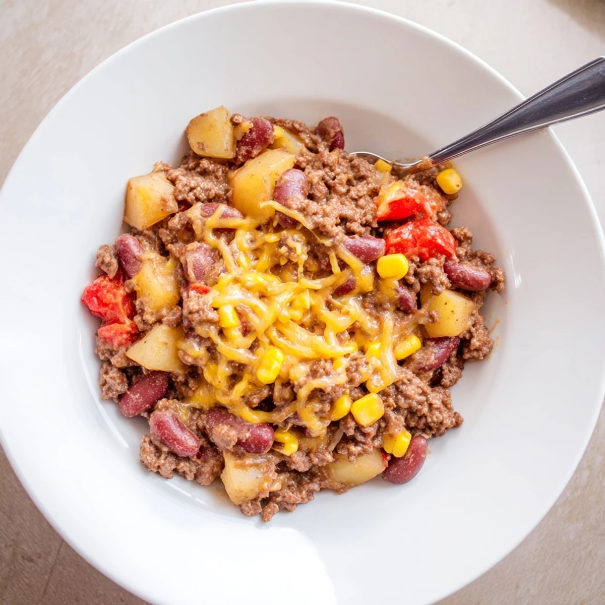 Golden cheesy cowboy casserole served piping hot with layers of beef and vegetables