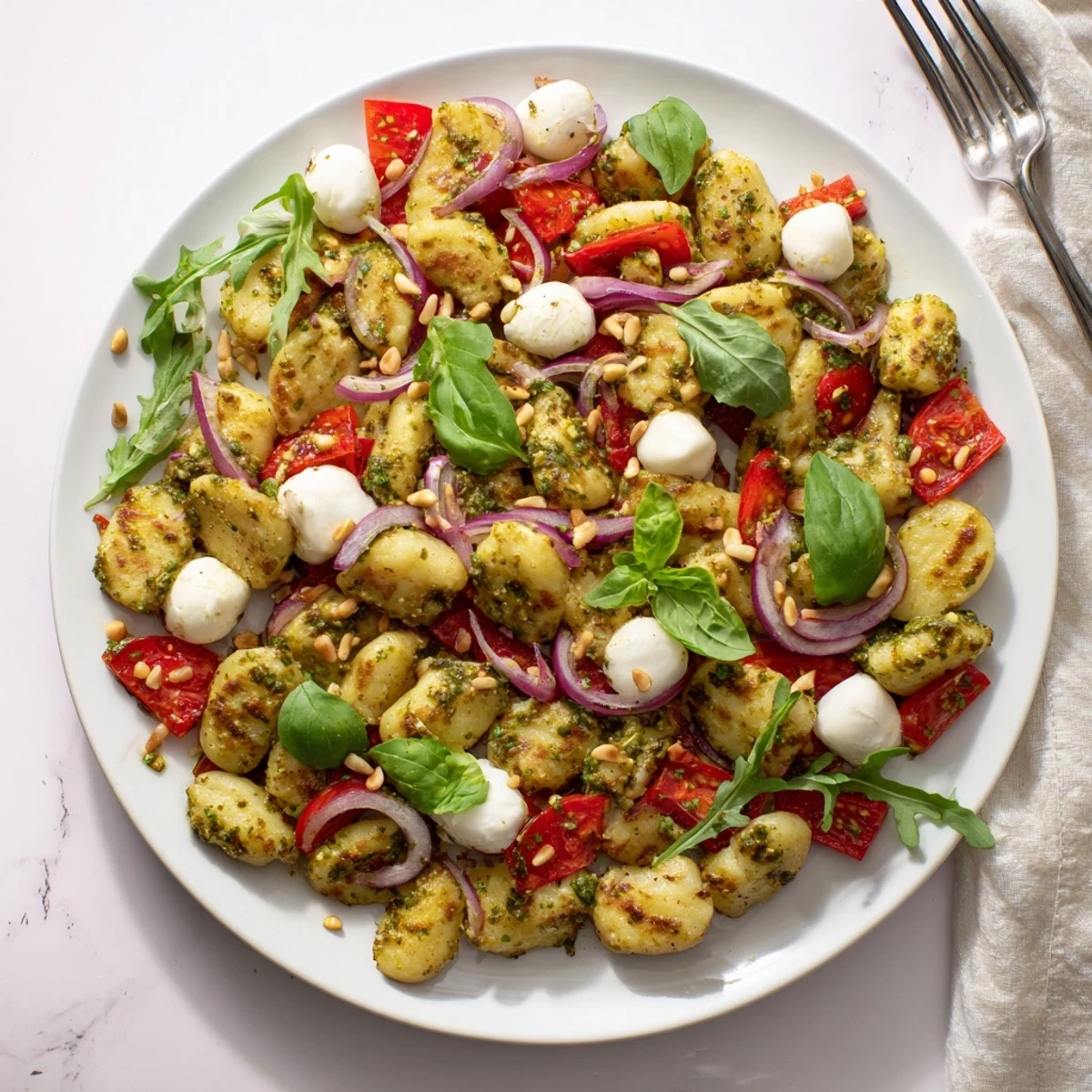 Crispy potato gnocchi tossed with zesty pesto dressing, vegetables, and creamy cheese on a white plate
