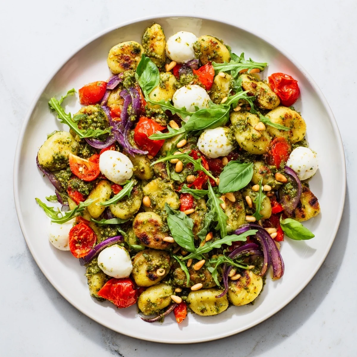Golden roasted gnocchi salad with colorful cherry tomatoes and fresh mozzarella in basil pesto