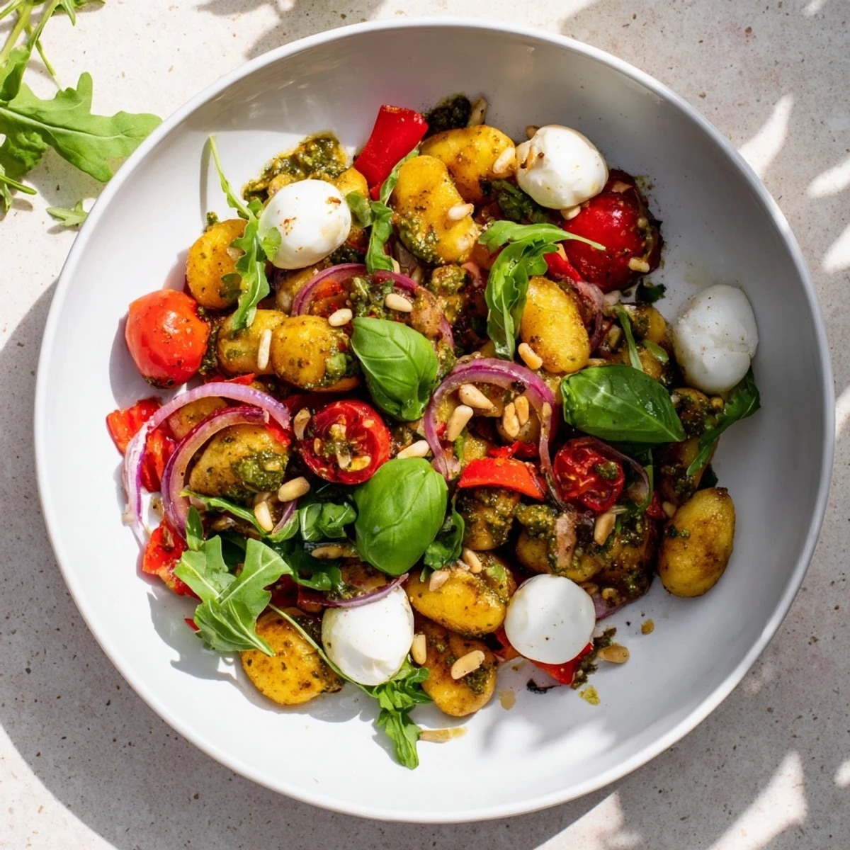 Warm Italian-inspired gnocchi bowl featuring roasted vegetables, arugula, and melted mozzarella balls