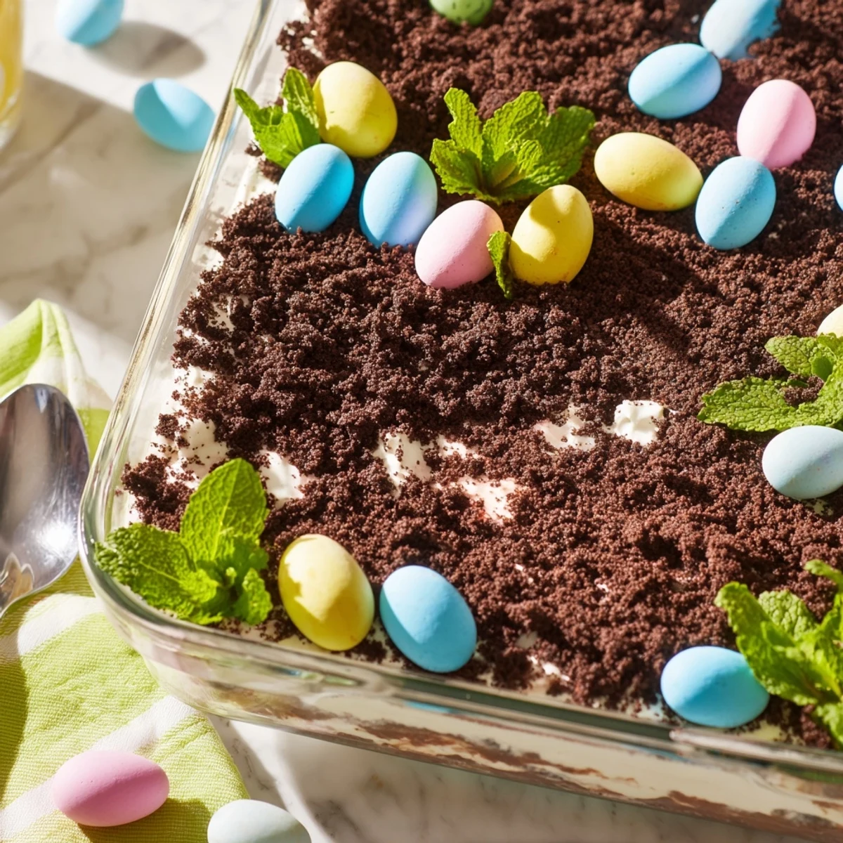Spring dessert casserole featuring vanilla pudding, cream cheese, and cookie crumbs garnished with pastel Easter chocolates