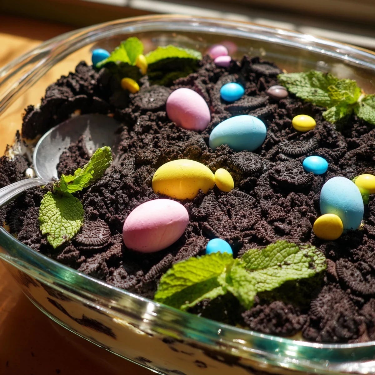 Easter Dirt Cake casserole with creamy pudding layers topped with crushed chocolate cookies and colorful candy eggs