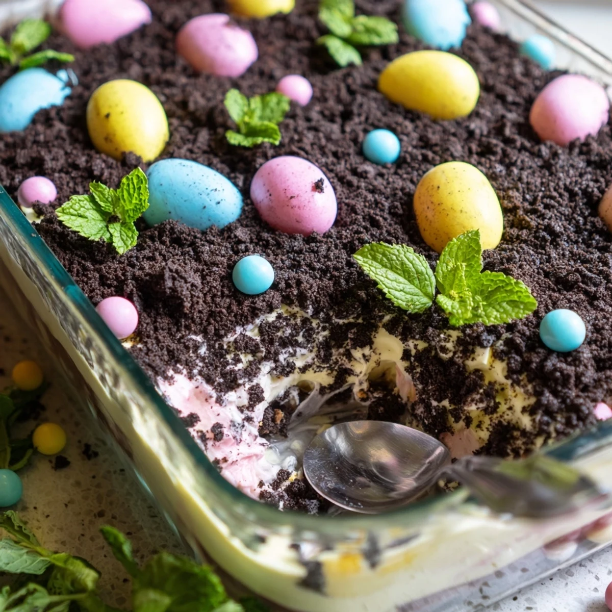 Creamy Easter dirt cake recipe served chilled with layers of whipped topping and festive spring candies