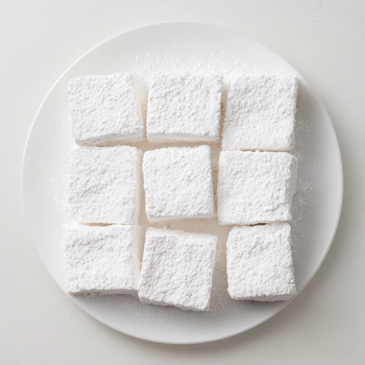 Fluffy white homemade marshmallow recipe squares dusted with powdered sugar on a wooden board