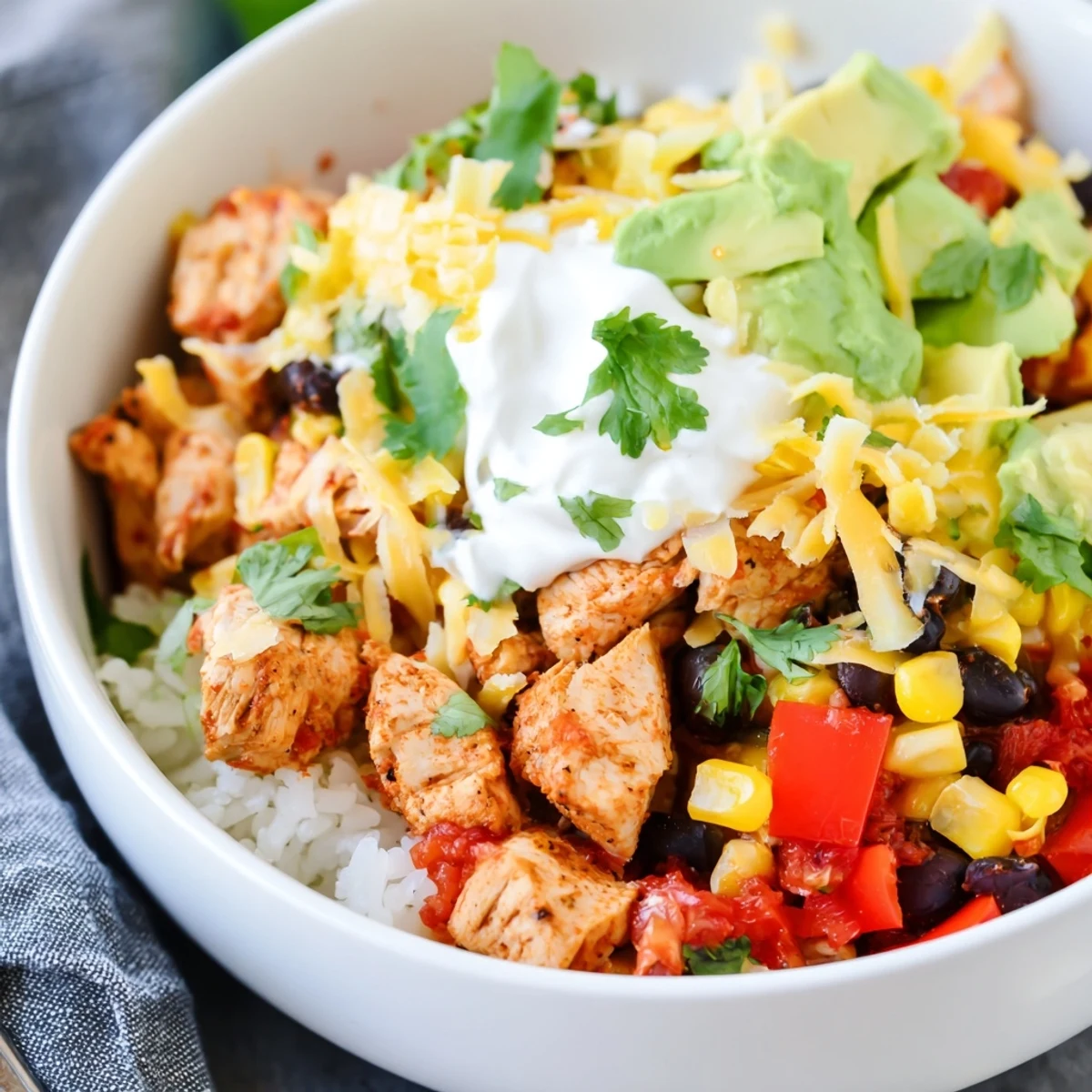 Fluffy rice bowl with tender spiced chicken, black beans, corn, and vibrant red bell pepper