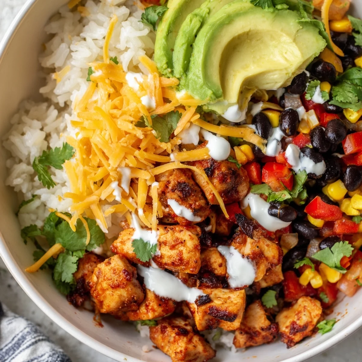 Hearty Mexican chicken burrito bowl steaming hot with diced tomatoes, cheese, and lime wedges