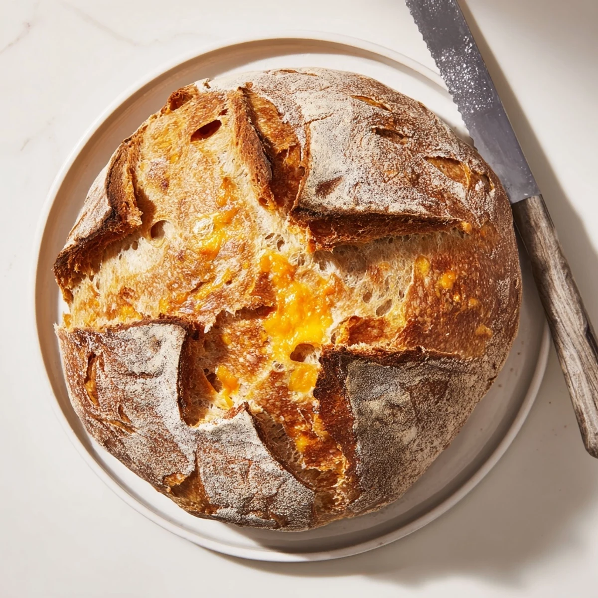 Golden no knead cheddar bread with a rustic crust and melted cheese throughout