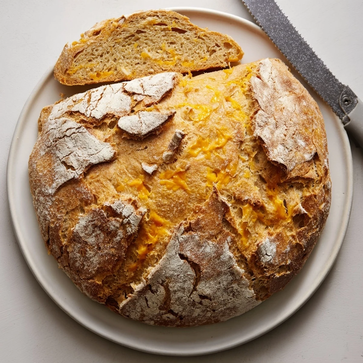 Crusty homemade no knead cheddar bread loaf sliced to reveal tender cheesy interior