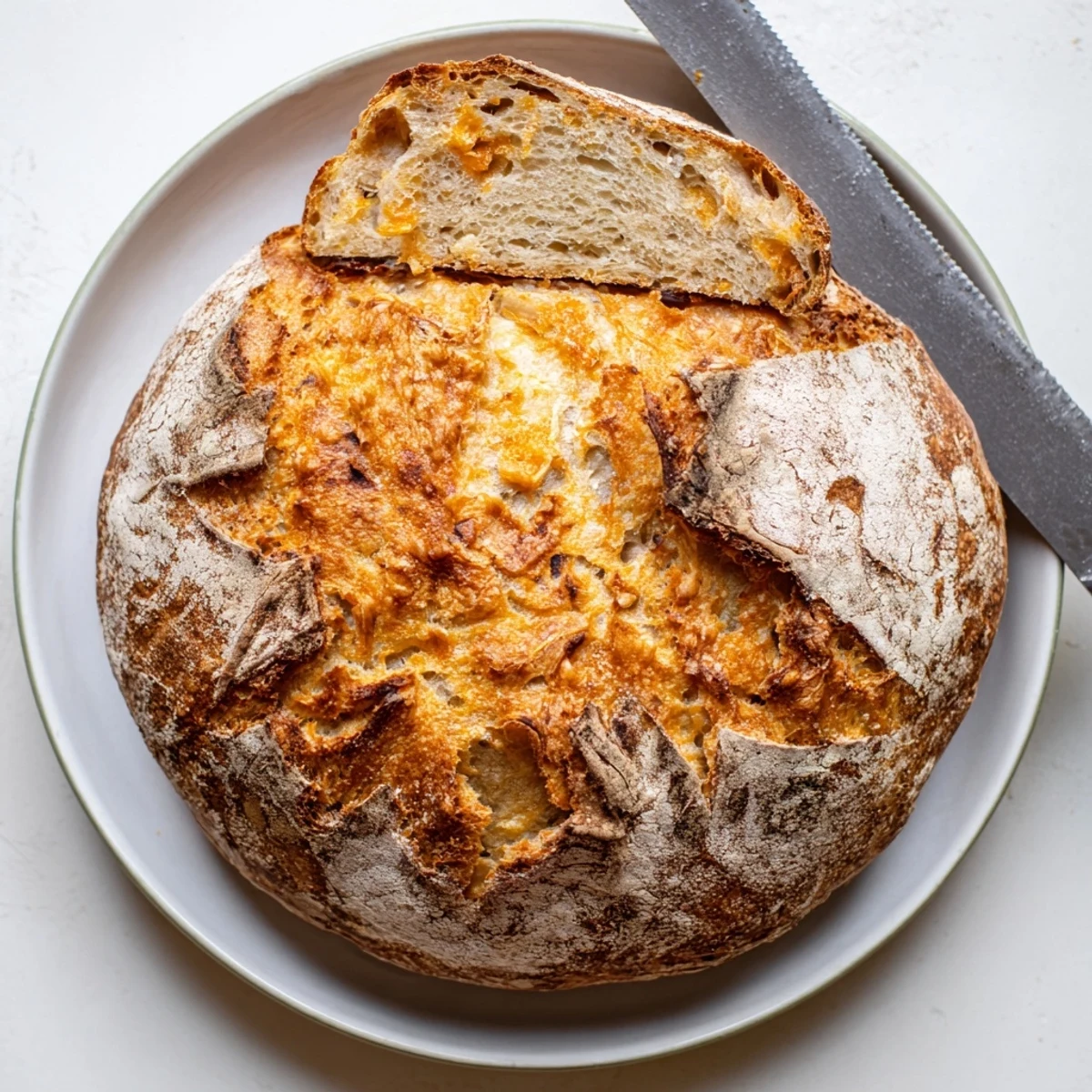 Warm no knead cheddar bread fresh from the oven with deep golden cracked crust