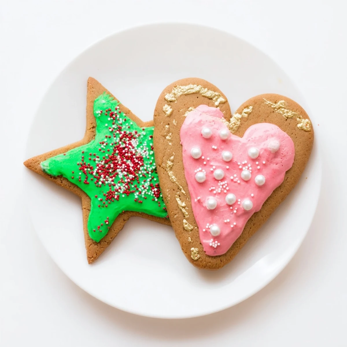 Soft classic cut out gingerbread cookies decorated with white icing and colorful sprinkles on a wooden board.