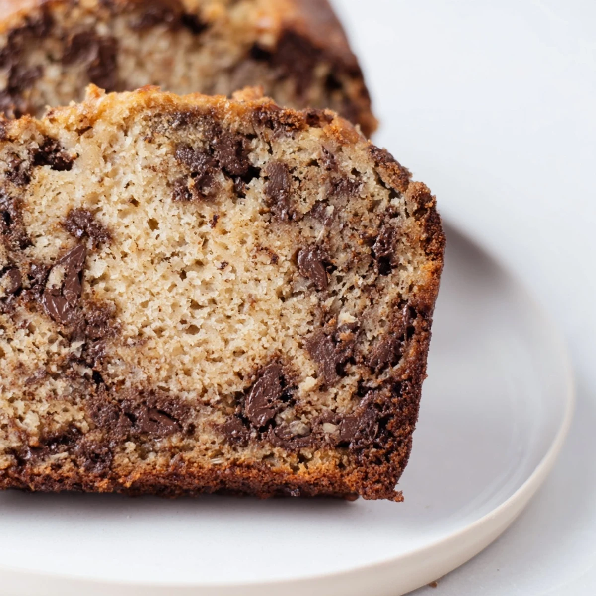 Moist banana bread packed with melted chocolate chips on a white plate