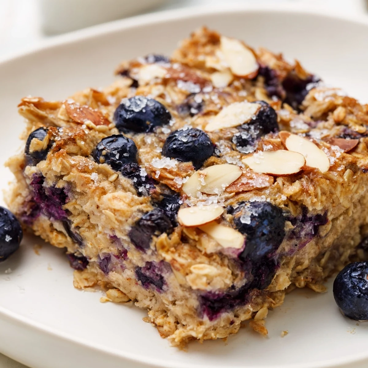 Baked oat and blueberry cottage cheese breakfast casserole with golden brown crunchy almond topping