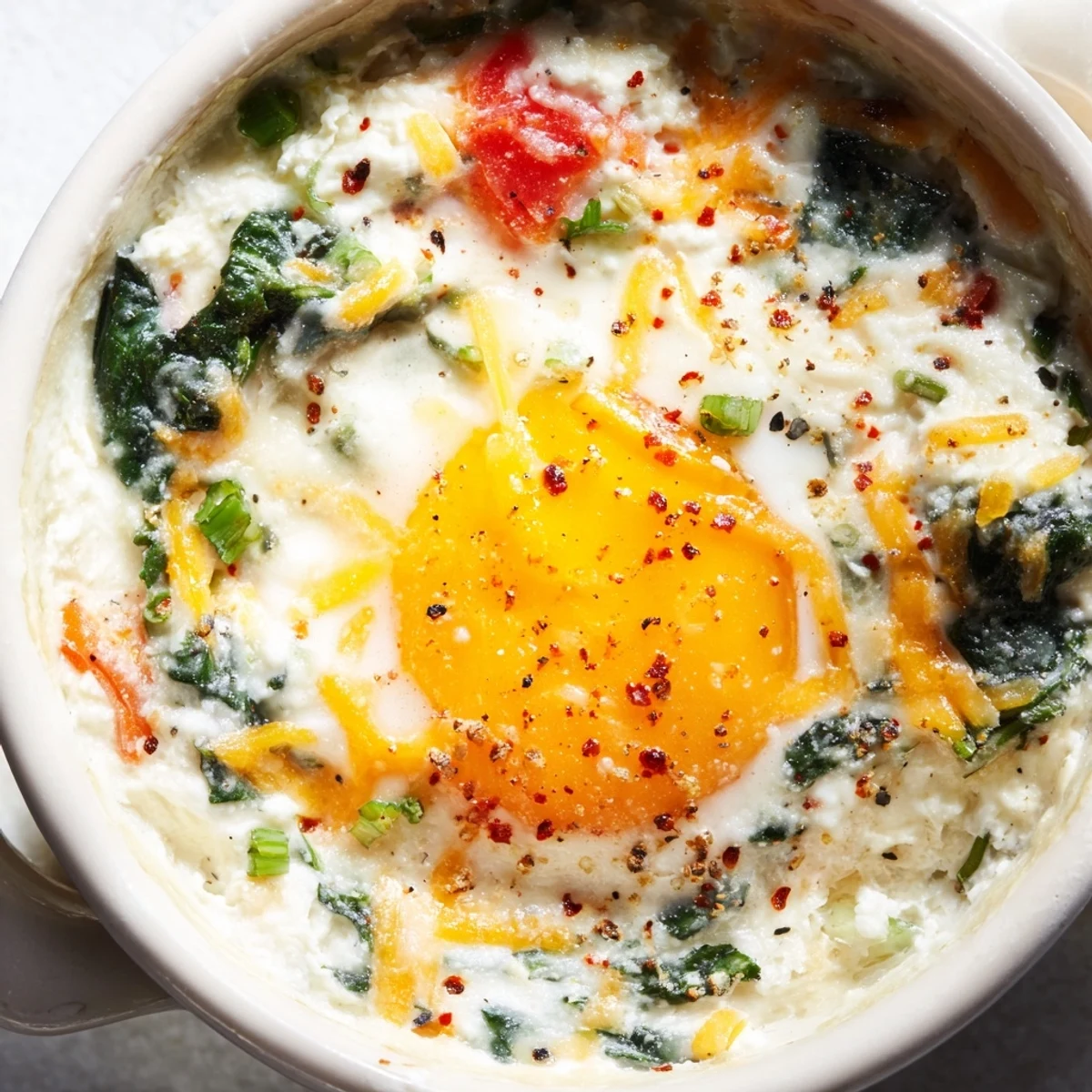 Creamy baked cottage cheese breakfast featuring spinach and perfectly set egg yolks