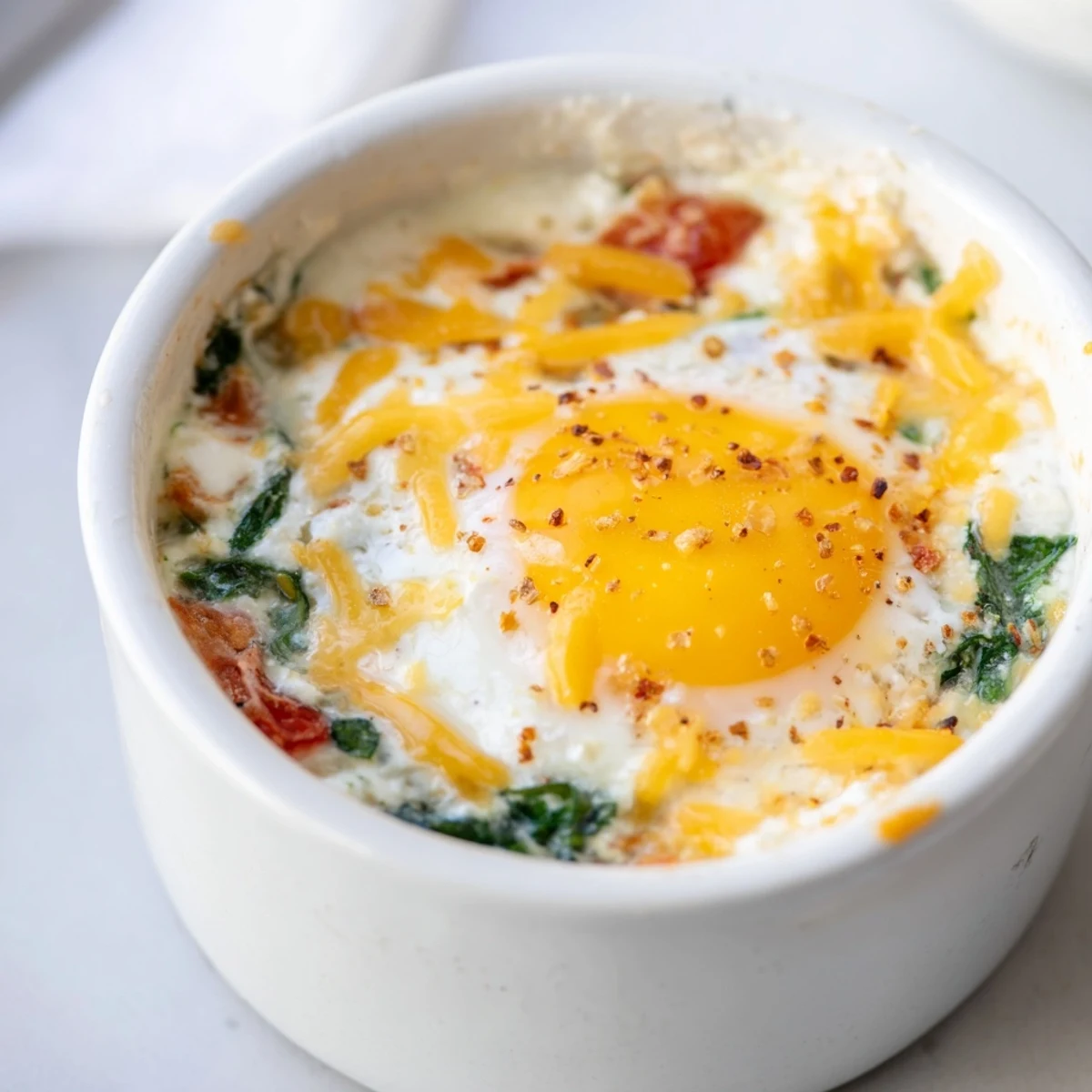 Golden baked cottage cheese eggs with melted cheese topping in individual ramekins