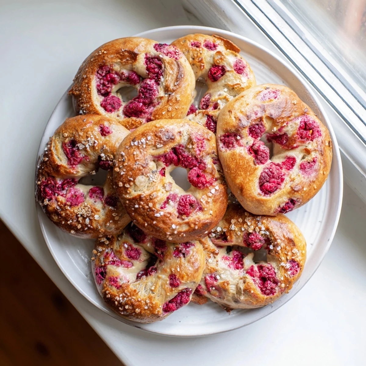 Freshly baked raspberry sourdough bagels with vibrant berries peeking through golden brown crust