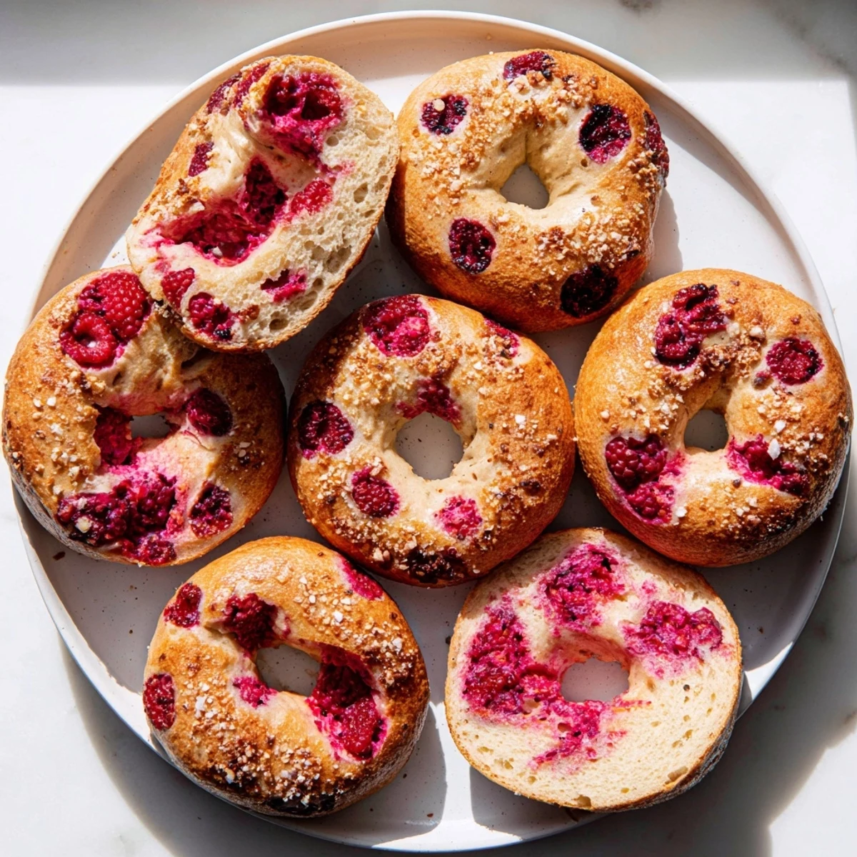 Homemade raspberry sourdough bagels cooling on wire rack after boiling and baking to perfection