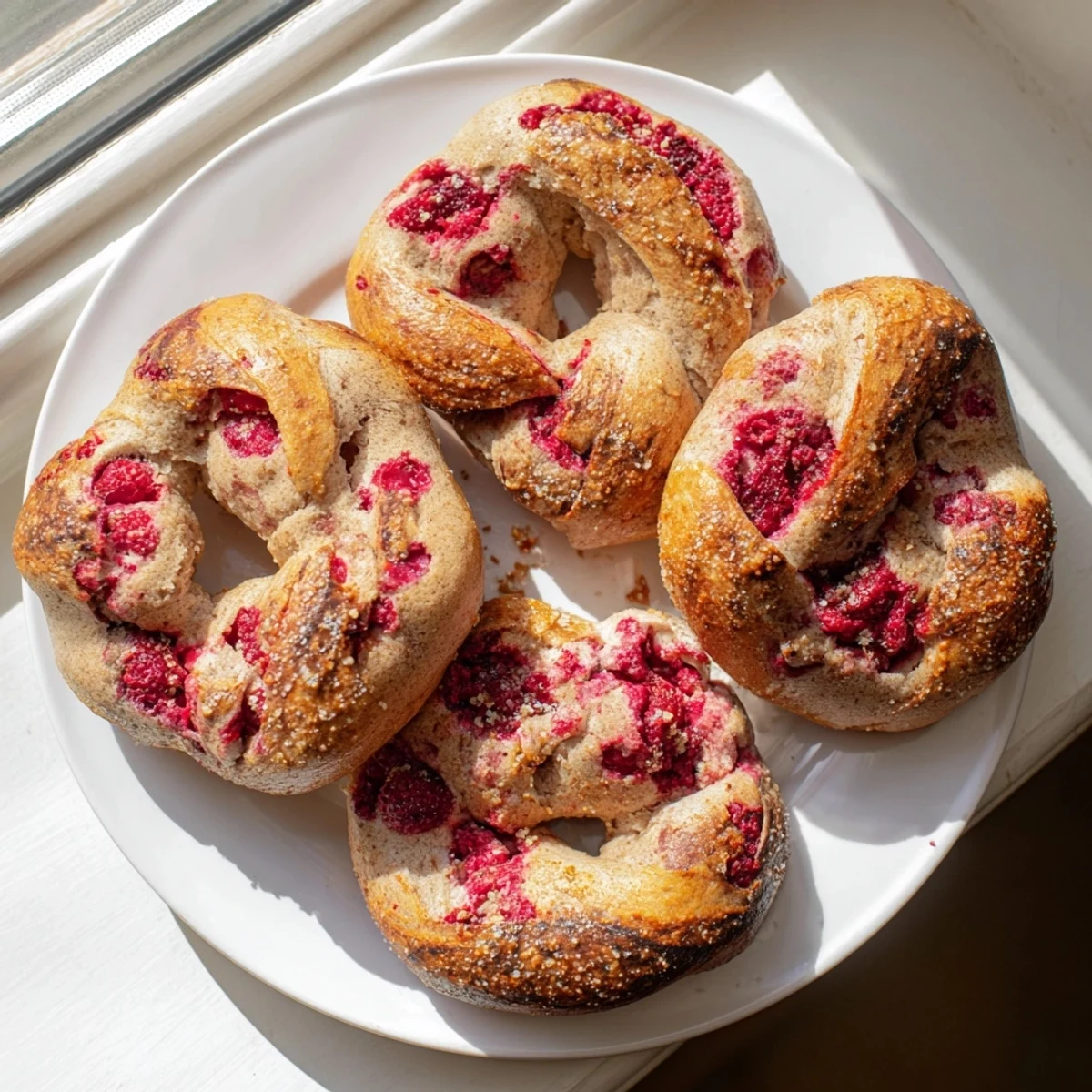 Chewy tangy sourdough bagels studded with juicy raspberries, sprinkled with Demerara sugar topping
