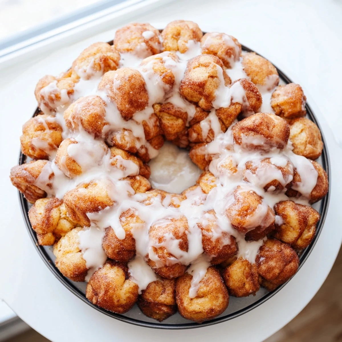 Golden high protein no sugar monkey bread pulls apart in warm cinnamon-coated chunks