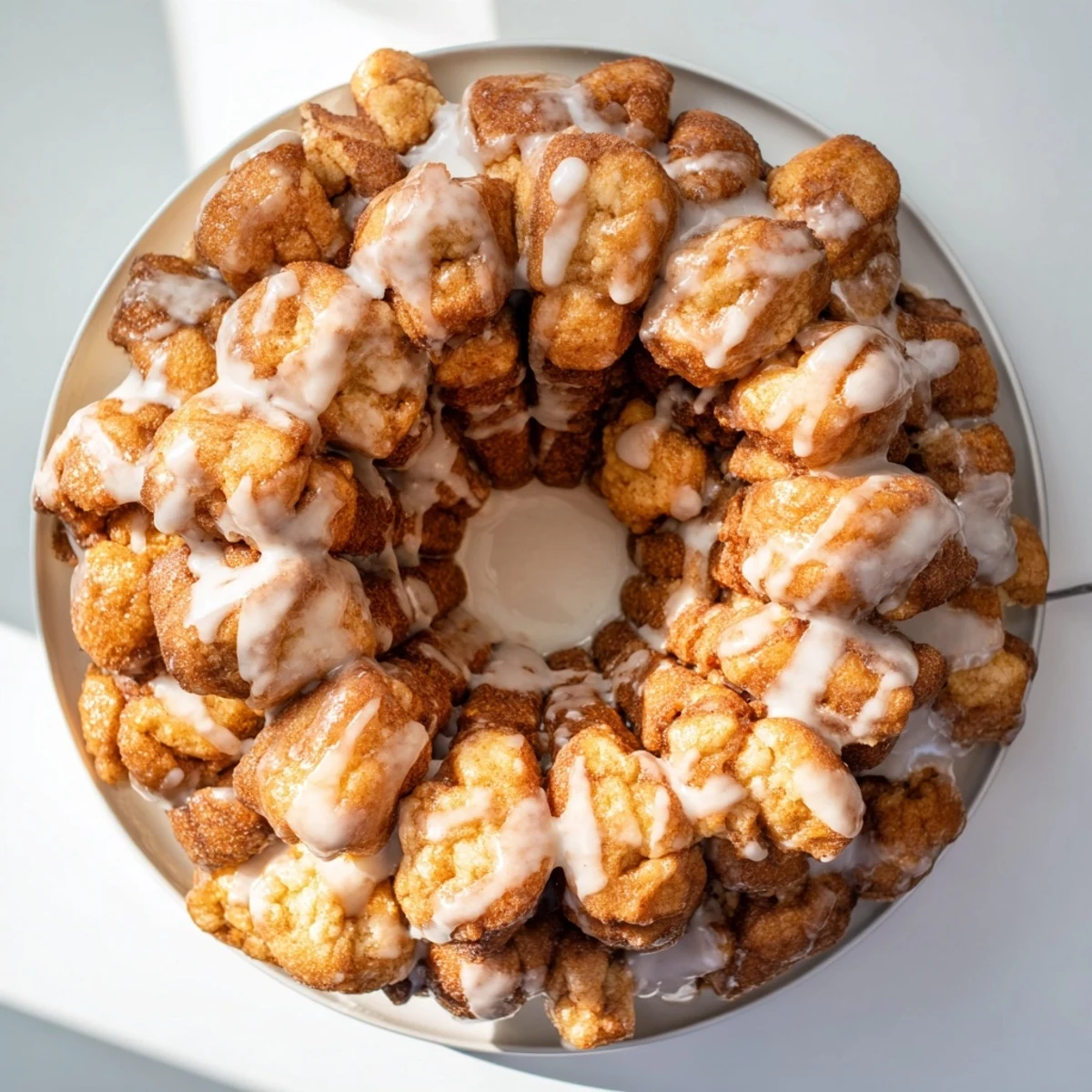 Sugar-free high protein monkey bread drizzled with vanilla glaze on a serving plate
