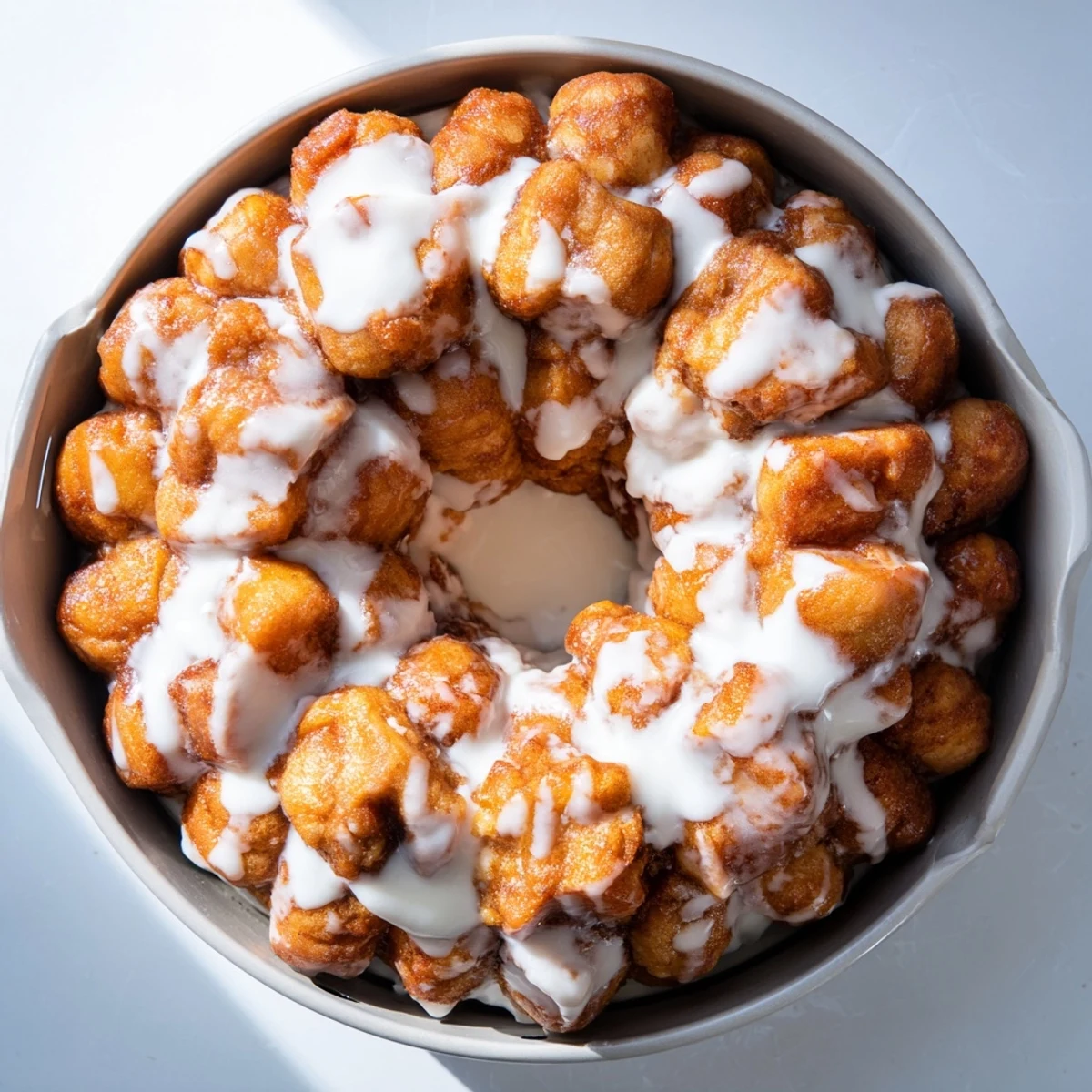 Bundt pan of high protein no sugar monkey bread with caramelized cinnamon coating