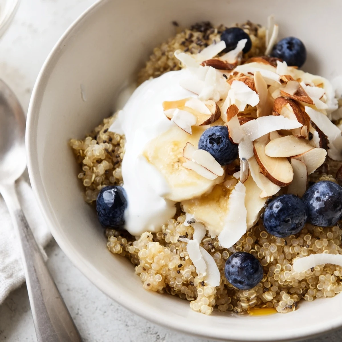 Creamy blueberry quinoa breakfast bowl served with yogurt, fruit and shredded coconut garnish