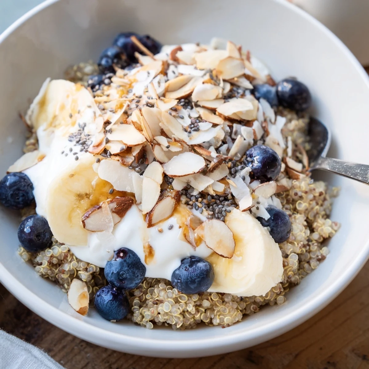 Blueberry quinoa breakfast bowl topped with fresh berries, sliced banana, crunchy almonds and chia seeds