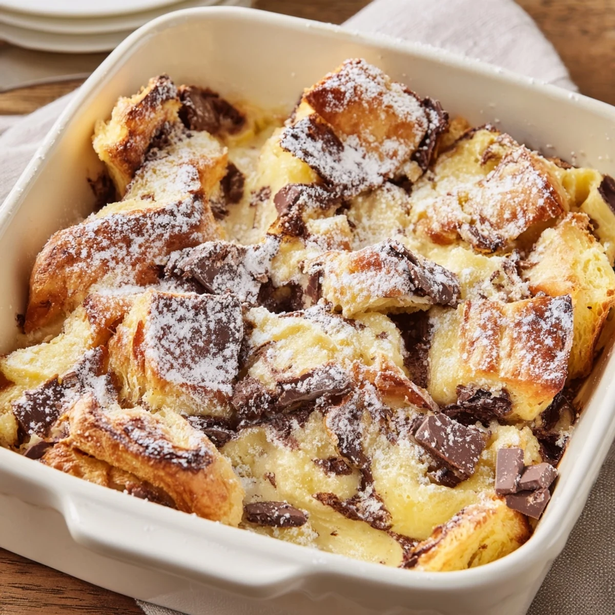 Golden chocolate croissant breakfast bake with melted chocolate chips and buttery pastry layers